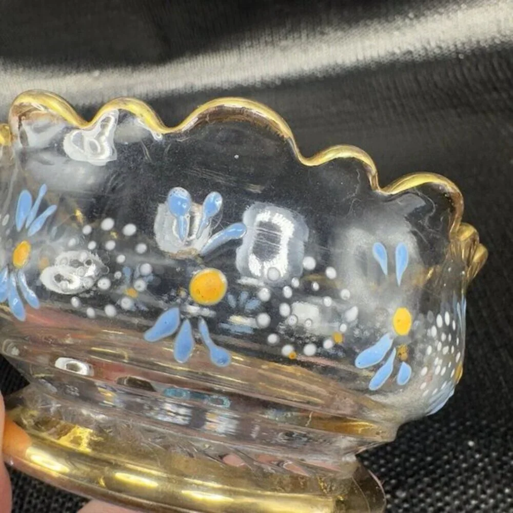 Antique Enameled Paint‎ Glass Bowl Dish Gold Painted Edge Manganese 365nm Set 4